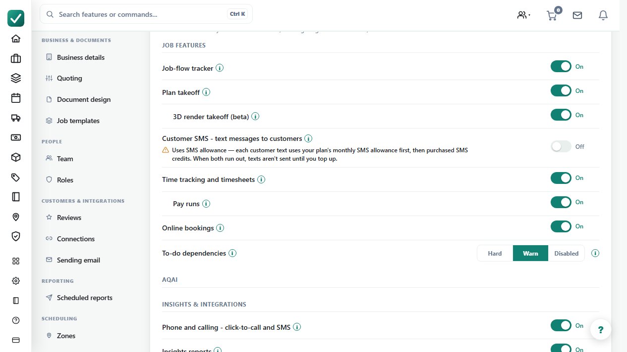 The Customer SMS switch in Business settings > Features is off in this example, with its usage note: texts use the plan allowance, then SMS credits. Sending is a separate deliberate action and can incur carrier charges; no text was sent for the guide.