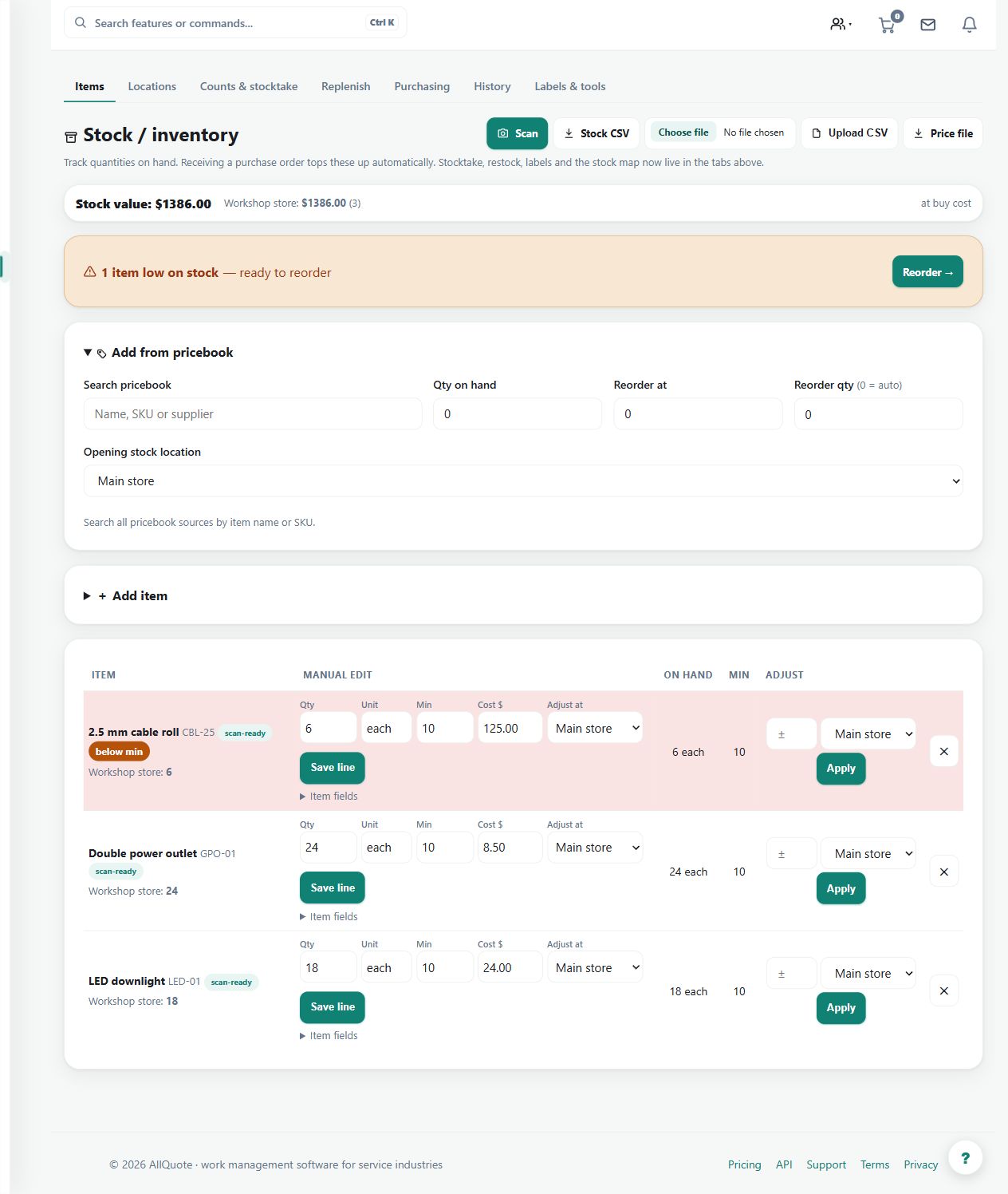 The stock screen exposes the Add from pricebook controls above the example inventory. Select the intended item and location, then verify the resulting stock record.