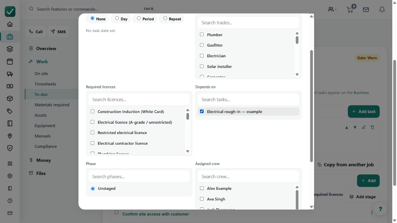 The fit-off example selects Electrical rough-in as its predecessor in the task editor. Save the task and check its dependency before assigning or completing downstream work.