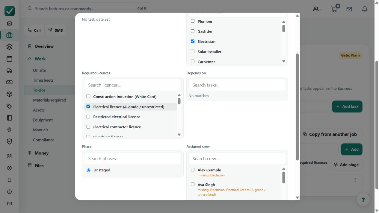 The task editor selects Electrician and Electrical licence as requirements. Assignment must be checked against approved worker credentials and the business's Warn or Block mode.