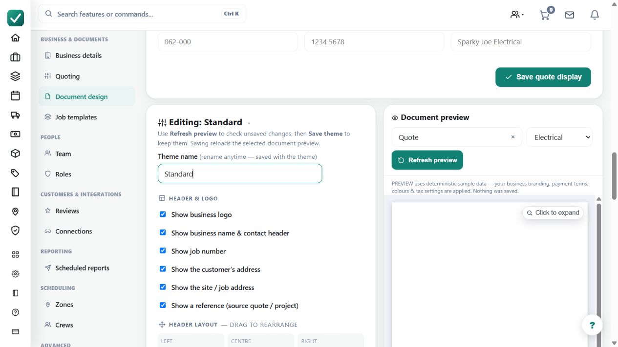 The document theme editor controls customer-facing presentation. Save a theme and inspect an actual quote or invoice PDF before using it for customers.