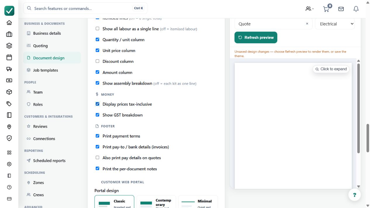 The theme's tax-inclusive display option is selected in this example. Display settings and the business's tax registration and rate are separate decisions.