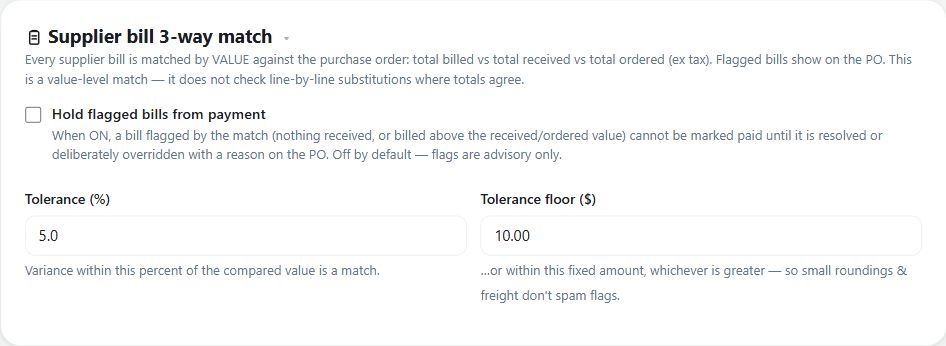 The matching settings explain the value-level comparison of billed, received and ordered amounts, tolerance and optional payment hold. Matching totals do not prove line-by-line substitutions are correct.