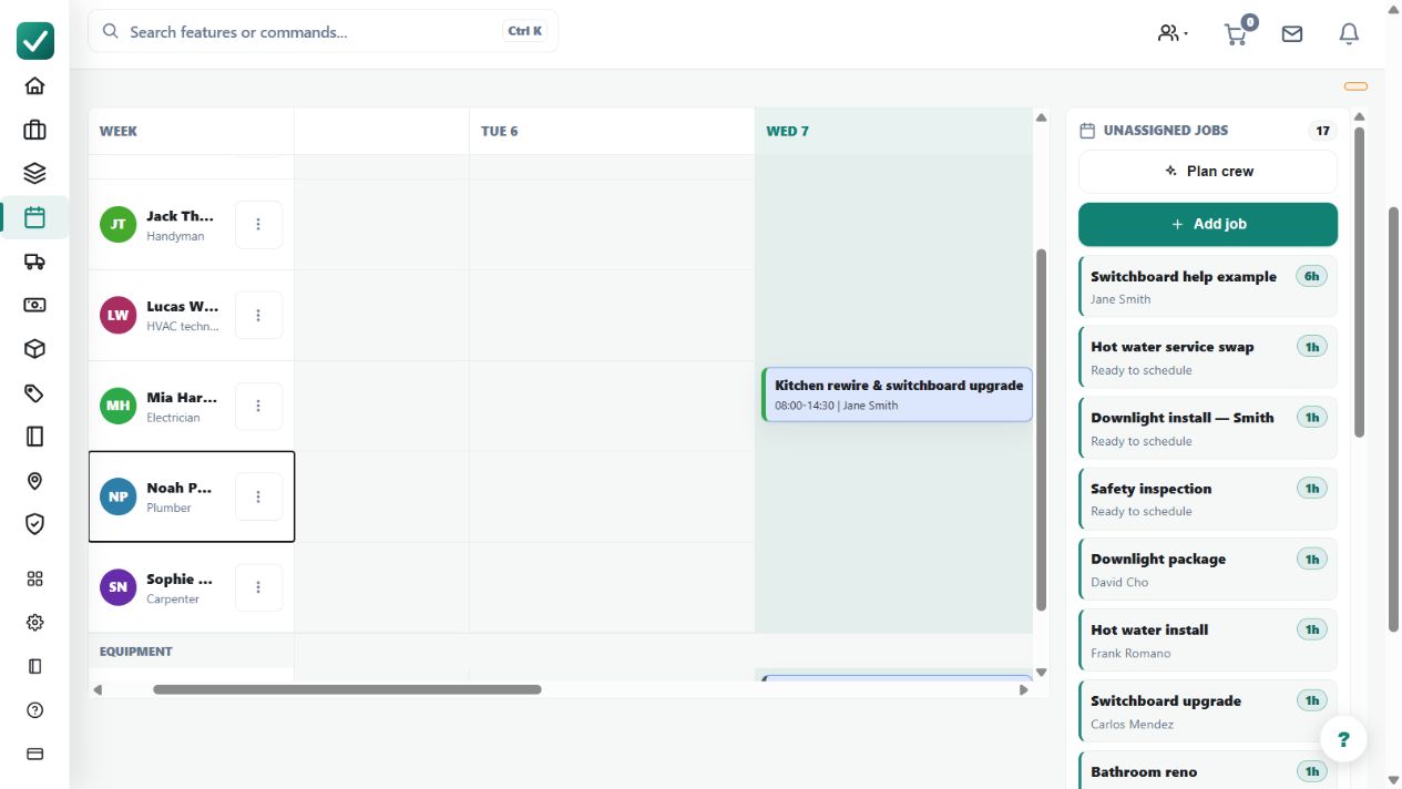The timeline places a scheduled visit alongside people and equipment rows, with unassigned work available for planning. Check hours and conflicts before saving changes.