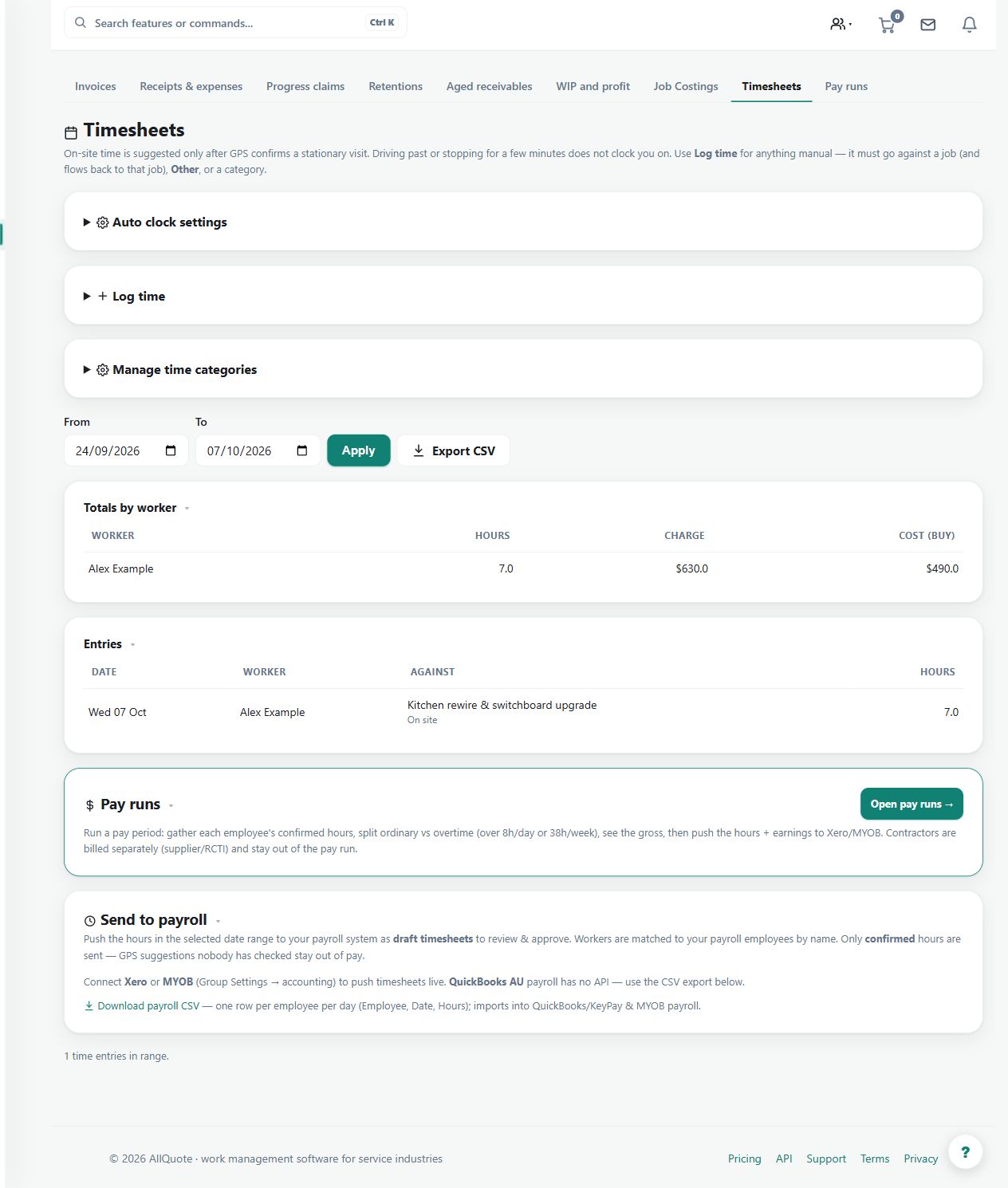 The example timesheet contains recorded job hours and office review controls. Check worker, job, breaks and period before approving hours for payroll or billing.