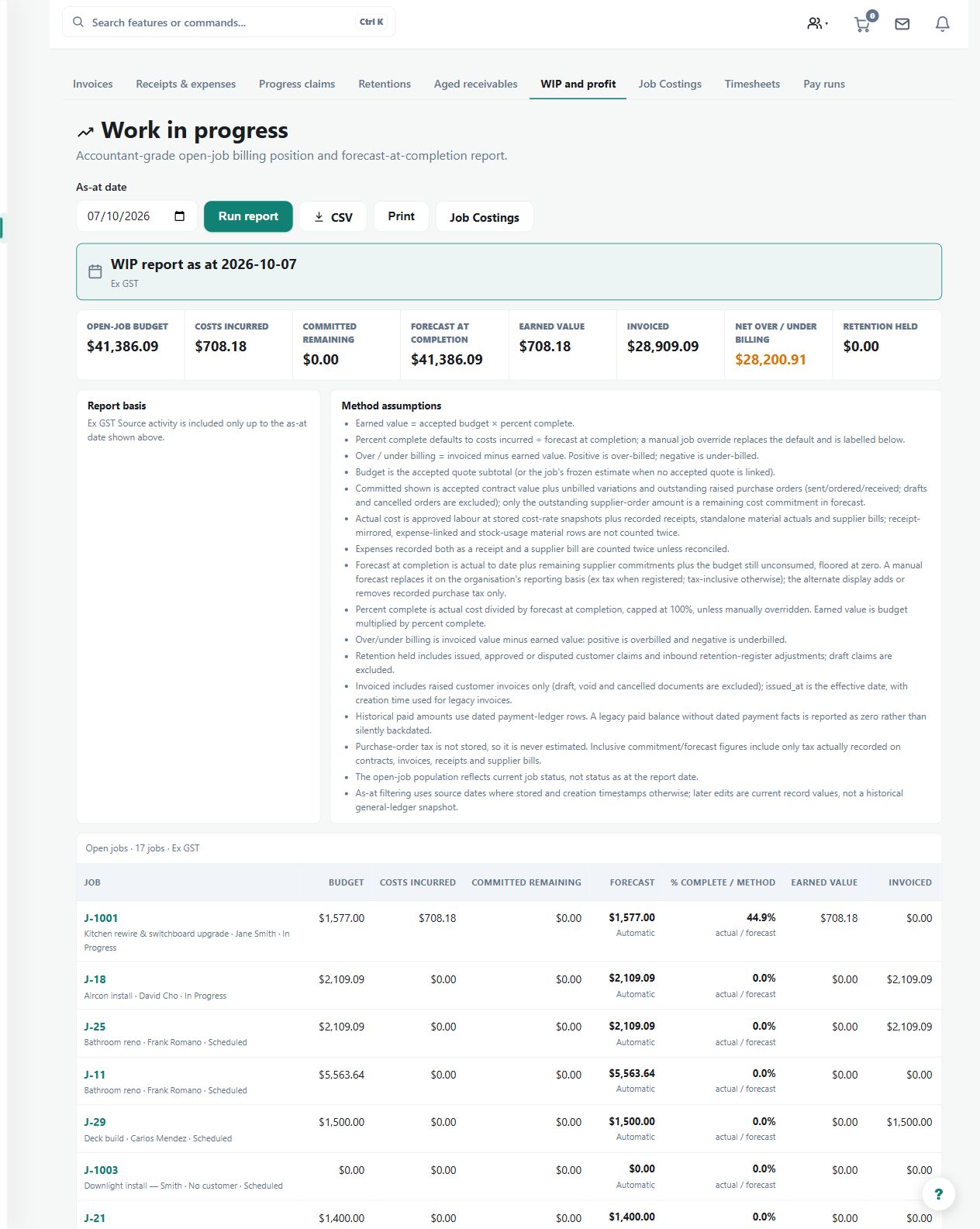 The detailed WIP report exposes job-level revenue, cost and billing measures for reconciliation. Validate the reporting date, source costs and contract values before an accounting close.
