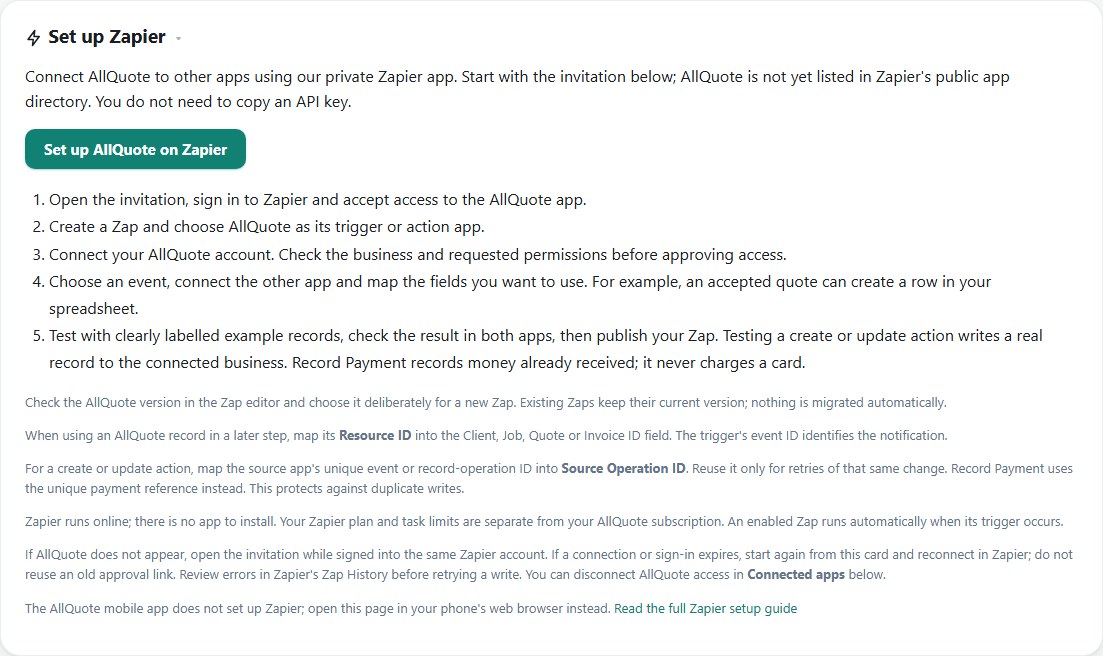 The Zapier setup panel for an eligible example business owner explains the private invitation, account approval and field mapping. The invitation was not opened, no account was connected and no Zap action ran; setup uses the website, including in a phone browser.