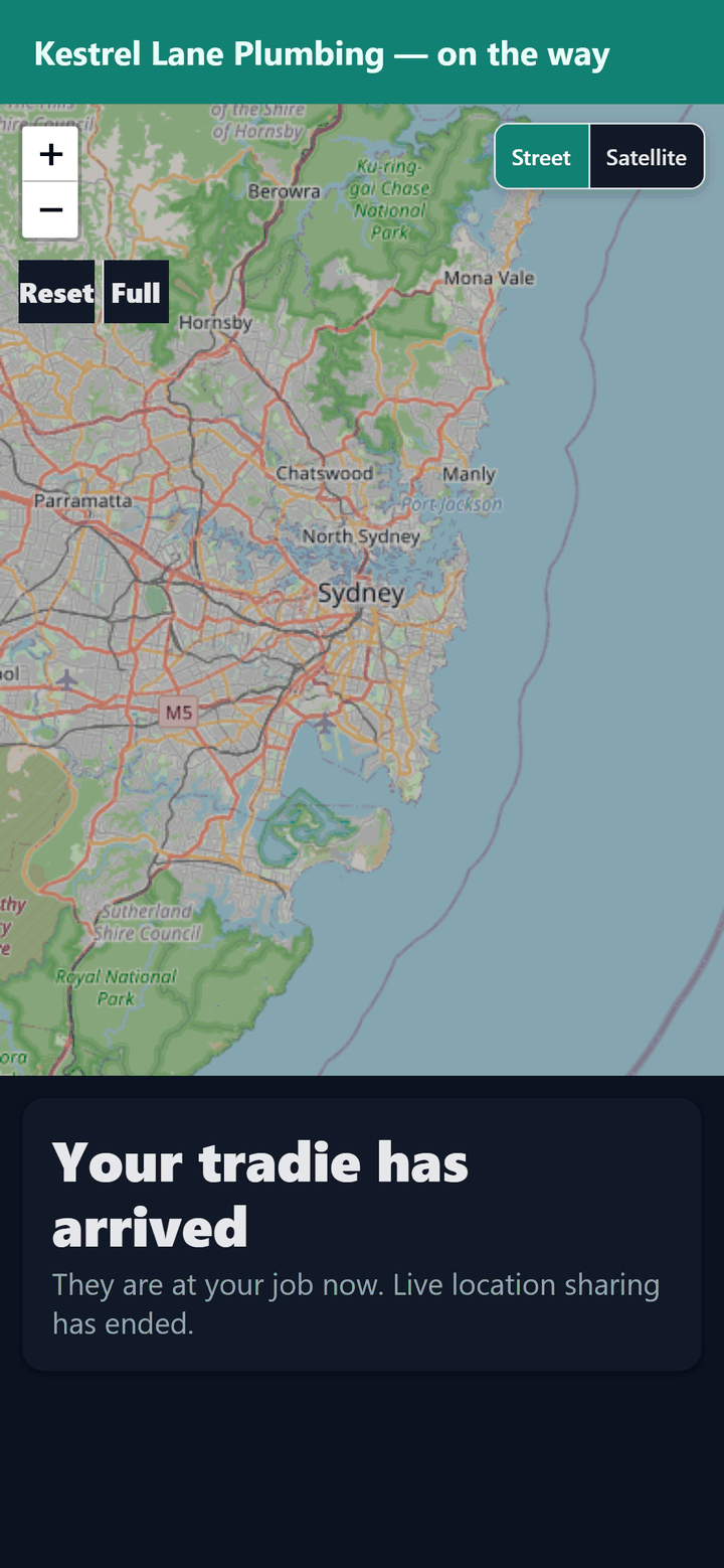 The customer tracking page after arrival, confirming live location sharing has ended