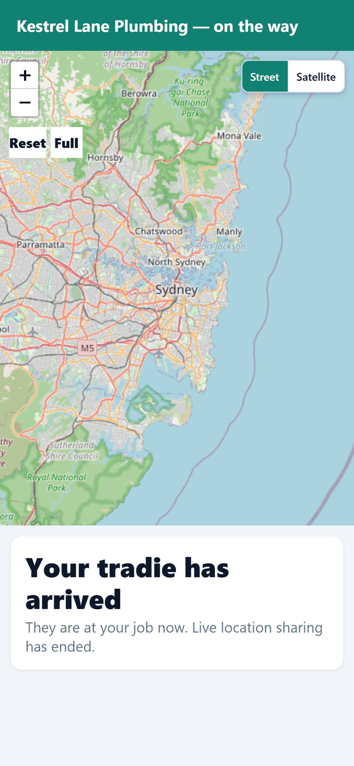 The customer tracking page after arrival, confirming live location sharing has ended
