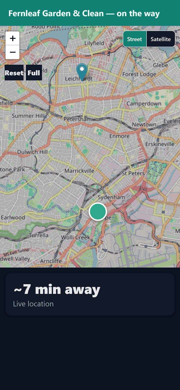 Customer tracking page on a phone: Fernleaf Garden & Clean on the way, a live map and an estimate of about 7 minutes away