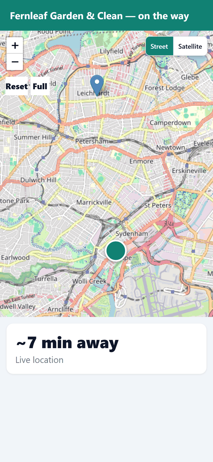 Customer tracking page on a phone: Fernleaf Garden & Clean on the way, a live map and an estimate of about 7 minutes away