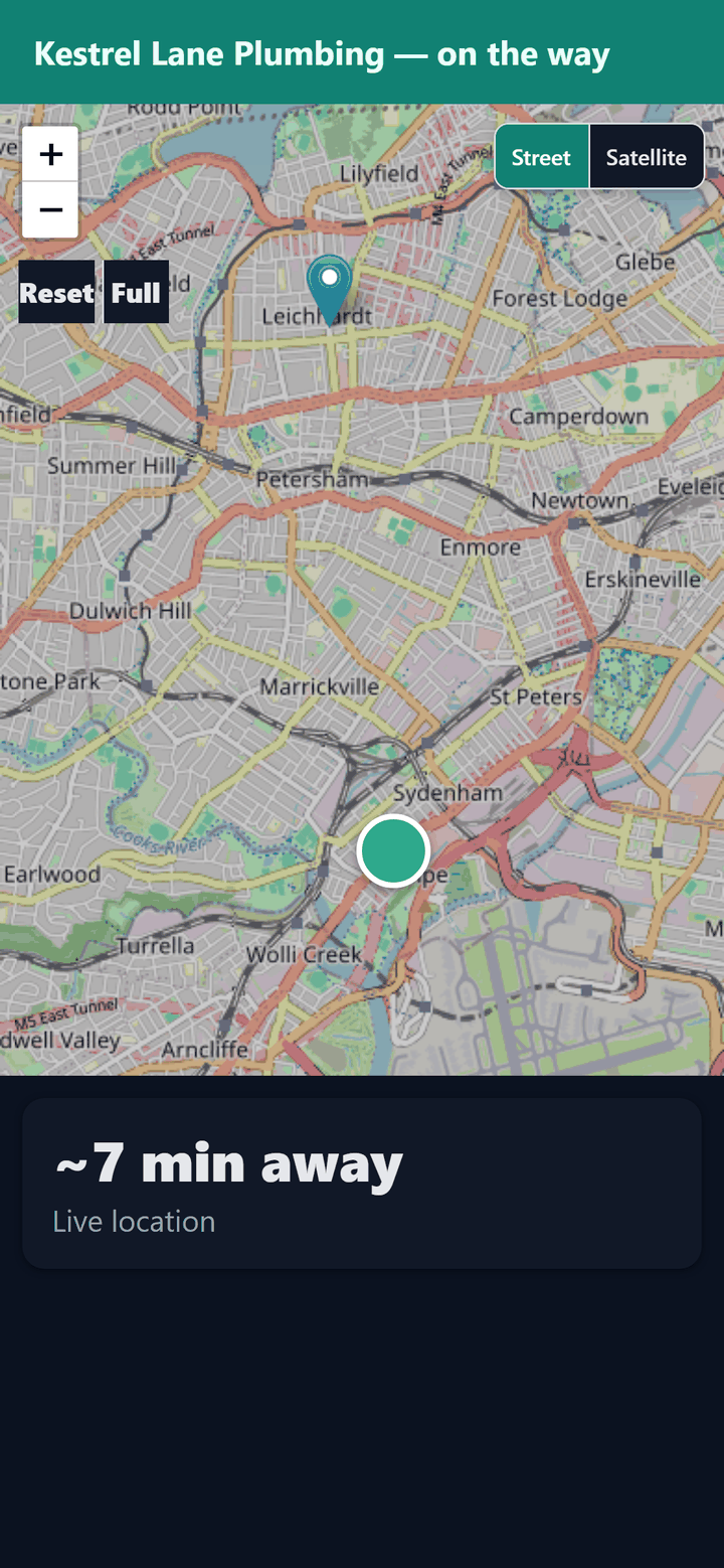 Customer tracking page on a phone: a street map with the worker's live position and the job address, and an estimate of about 7 minutes away