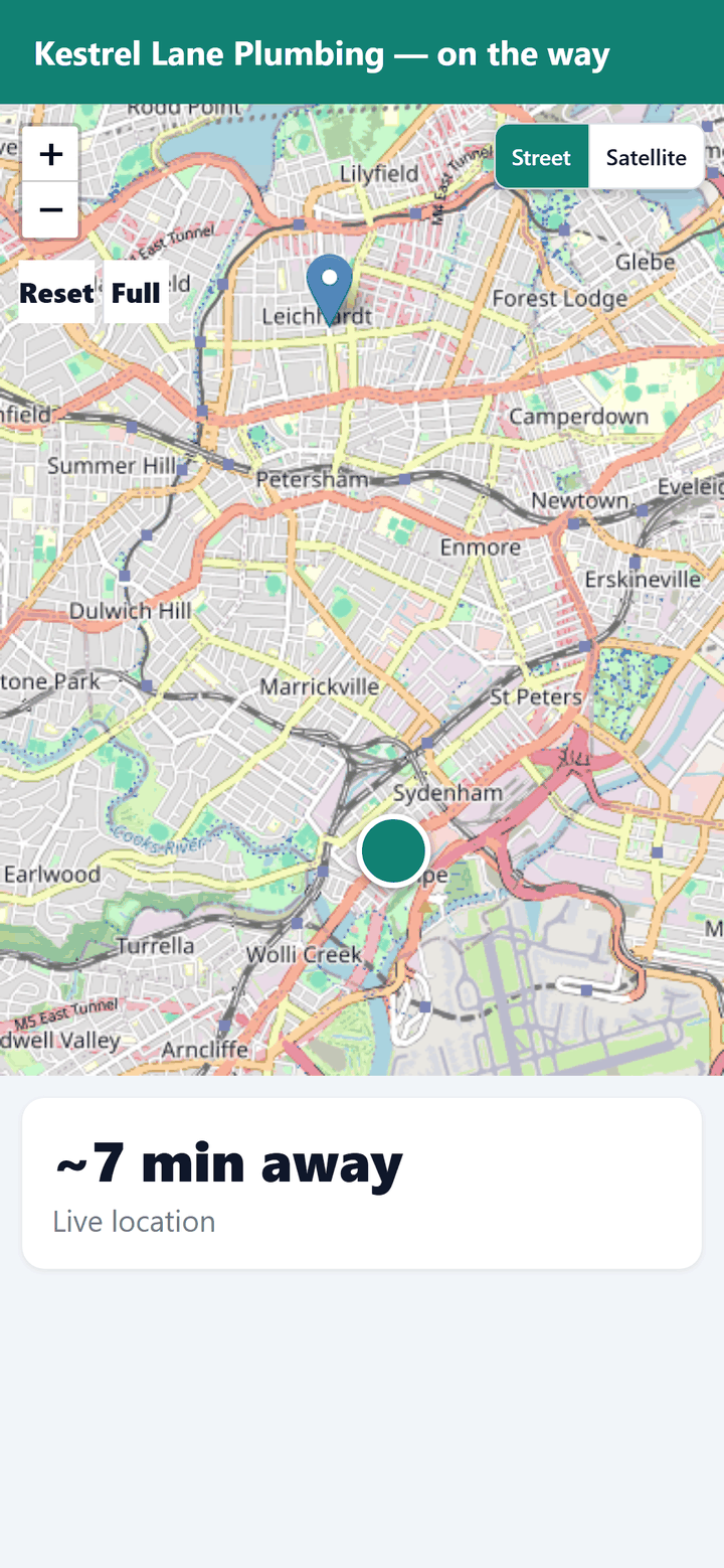 Customer tracking page on a phone: a street map with the worker's live position and the job address, and an estimate of about 7 minutes away
