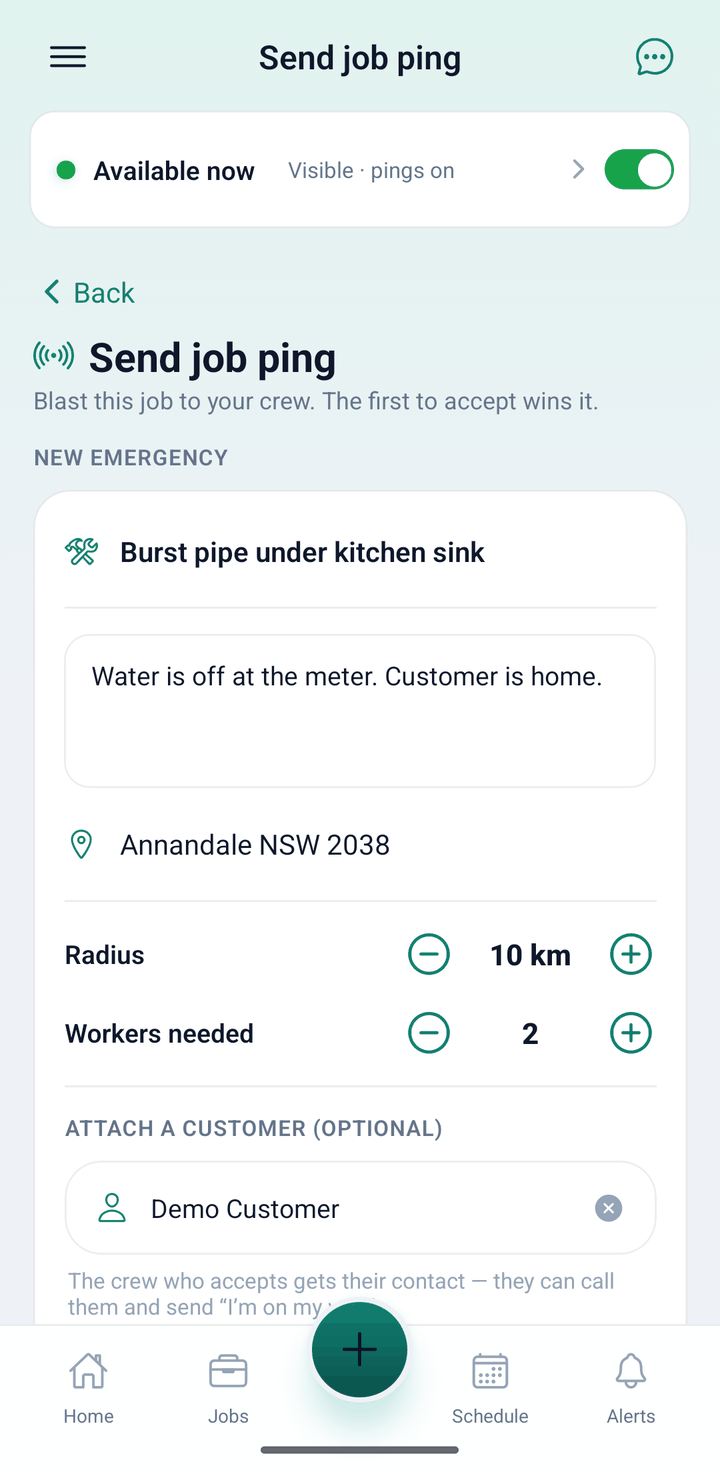 AllQuote app Send job ping screen for a burst pipe, with a 10 km radius, 2 workers needed and a customer attached