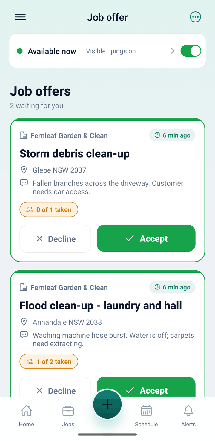 AllQuote app Job offers screen for a crew member: Storm debris clean-up and Flood clean-up offers from Fernleaf Garden & Clean with Decline and Accept buttons