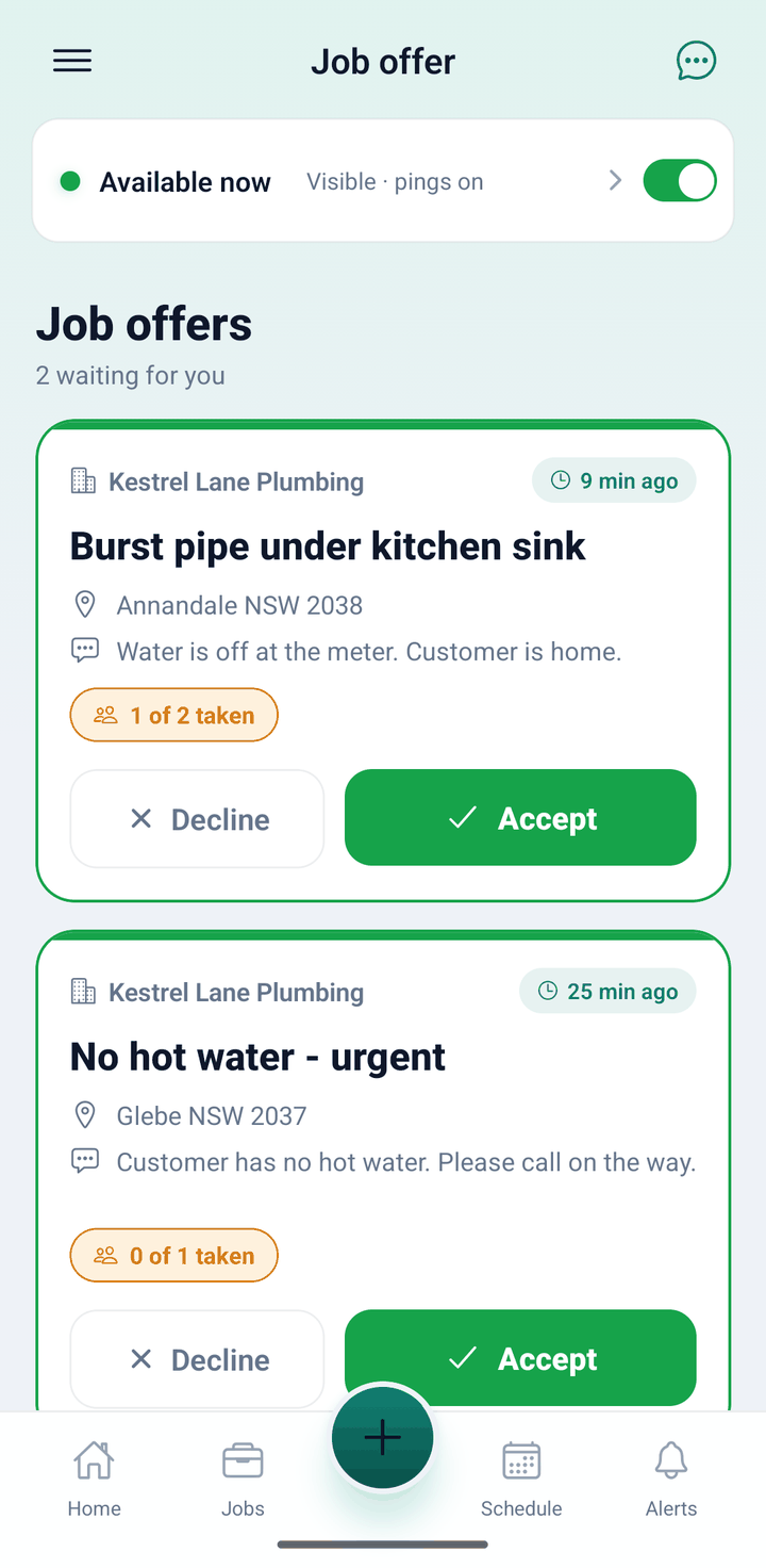 AllQuote app Job offers screen for a crew member with Decline and Accept buttons