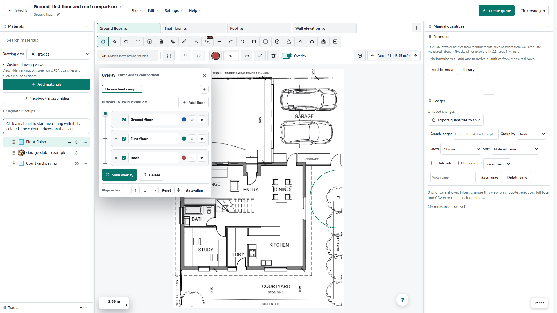 AllQuote Takeoff workspace showing three drawing layers and the overlay comparison controls