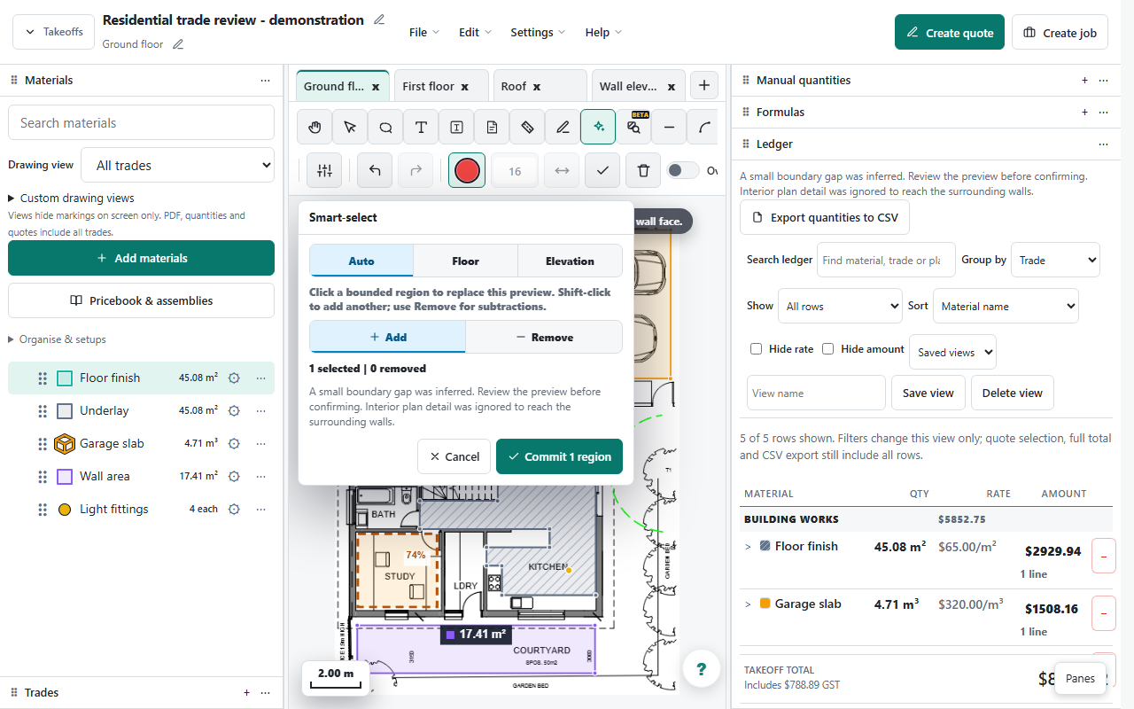 Smart Select preview highlighting a bounded room on a demonstration floor plan for review